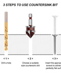 Countersink drill bit set, 5 pcs, 82° HSS, 1/4" hex shank; diagram shows drill bit, countersink, and screws for woodwork