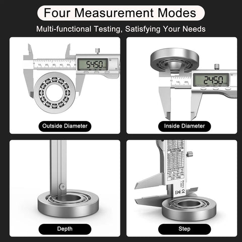 Digital Calipers Measuring Tool With Large LCD Screen, showing outside diameter, inside diameter, depth, and step measurements.