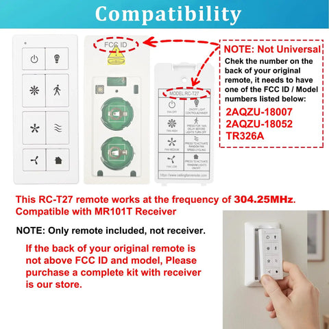 Compatibility instructions for Ceiling Fan Remote With Light Dimmer And 3 Speed Wall Control Replacement For TR326A Receivers.