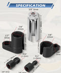 Five Piece Oxygen Sensor Socket Set With Universal 6 Point 22mm Openings, tools shown with measurements and specifications