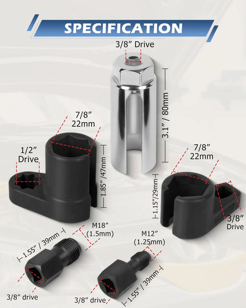 Five Piece Oxygen Sensor Socket Set With Universal 6 Point 22mm Openings, tools shown with measurements and specifications