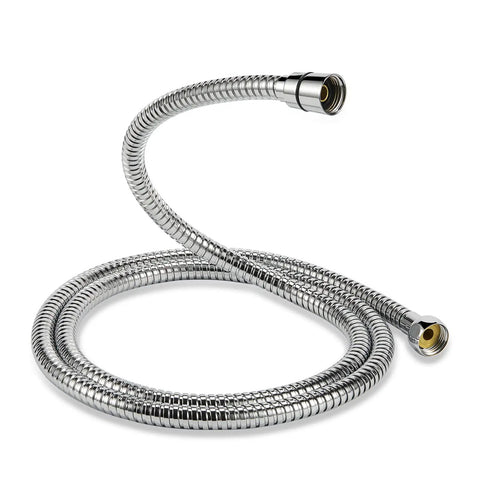 Extra long stainless steel hose from handheld shower head with six spray settings for high pressure power, chrome finish.