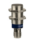 Inductive Proximity Sensor, 18mm metal barrel, front view, 3-wire NPN no output, M12 micro-connector, 12 to 48V DC, rugged industrial sensor