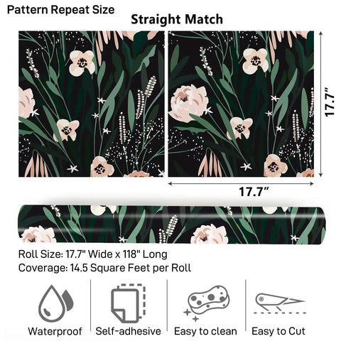 Dope Boho Floral Peel And Stick Wallpaper Black Background With Green Leaves And Pink Flowers 17.7 Inches Wide By 315 Inches Long