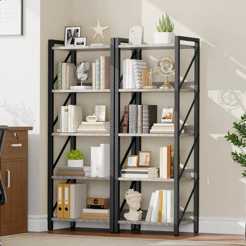 No Fuss Five Tier Industrial Bookcase With Sturdy Metal Frame And Secure Back Barrier Sweet Vertical Storage Organizer That Looks Dang Fine In Any Living Room Or Home Office Greige And Black