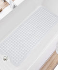 Extra Long Non Slip Bathtub Mat, 40 By 16 Inch Machine Washable Shower Mat with Quick Drain Holes in clear PVC, placed in a bathtub.