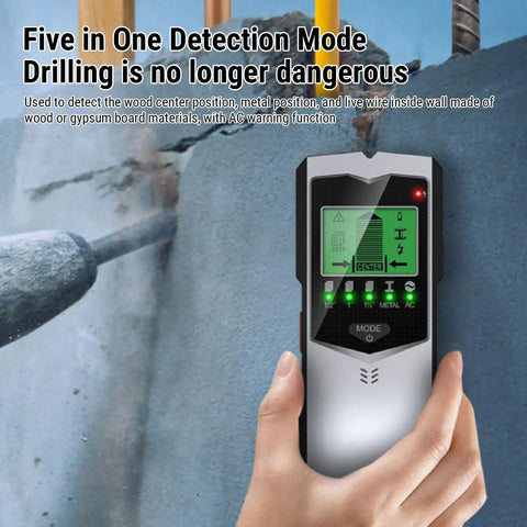 5 in 1 Wall Scanner Detector in use, showing detection mode on screen, ergonomic grip, for home improvement projects.