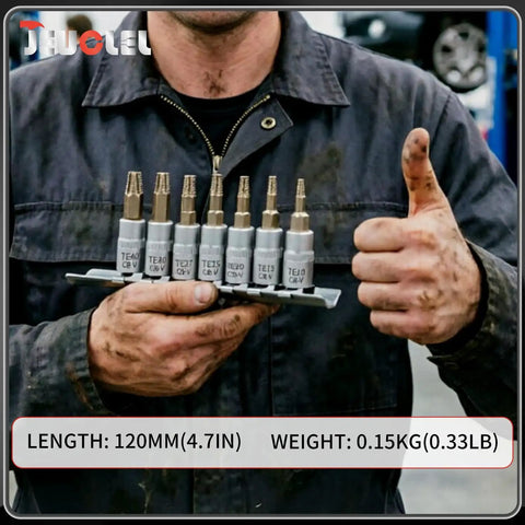 Mechanic holding 7 Piece Torx Star 6 Point One Quarter Inch Impact Drive Socket Kit With Broken Bolt Extractor for stripped fasteners