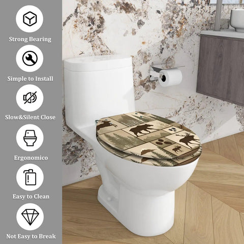 Elongated Resin Toilet Seat for Cabin Bathrooms installed on a toilet with a nature-themed design, easy to clean and ergonomic.