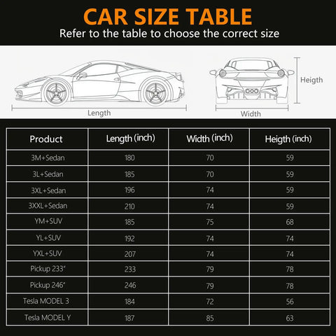Car size chart for All Weather Six Layer Car Cover For Sedans 185 Inch Exterior Shield With Zipper And UV Protection