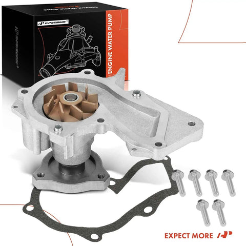 Engine Water Pump With Gasket for Ford Escape 2017 2019 and Fusion 2014 2020 1.5L L4 EcoBoost Replacement DS7Z8501D DS7Z8501E Includes Gasket And Bolts, showing aluminum housing and bolts next to gasket