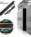 Eight Wide-Spaced Rack Mount Power Strip Surge Protector PDU with Right Angle Outlets installed in a server rack