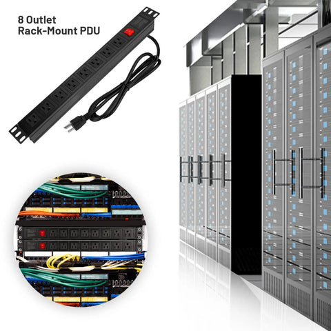 Eight Wide-Spaced Rack Mount Power Strip Surge Protector PDU with Right Angle Outlets installed in a server rack