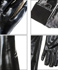 Damn Fine Black Pleather Over The Elbow Gloves Featuring Wet Look Sheen And Comfortable Stretch For Women Cosplay Photoshoots And Club Outings Absolute Fire Wear Vibe, close-up details.