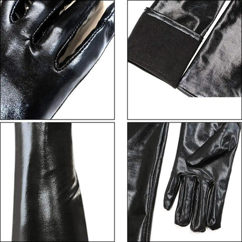 Damn Fine Black Pleather Over The Elbow Gloves Featuring Wet Look Sheen And Comfortable Stretch For Women Cosplay Photoshoots And Club Outings Absolute Fire Wear Vibe, close-up details.