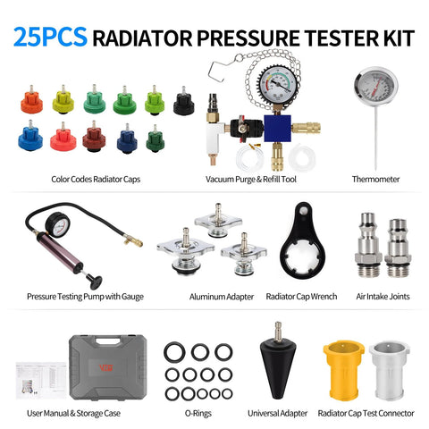 25-piece radiator pressure tester kit with vacuum purge tool, thermometer, gauge, adapters, O-rings, and storage case