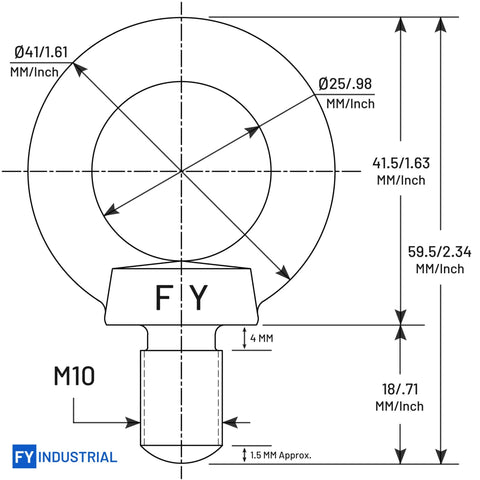 Technical drawing of Beefed Up Industrial Grade Stainless Steel Lifting Eye Bolts M10 Set Of 5 Forged For Heavy Lifting, High Tensile Strength, JIS B1168 Certified, Proof Load Verified, Durable Eyebolts For Hoisting, Rigging And Machinery Use with measurements