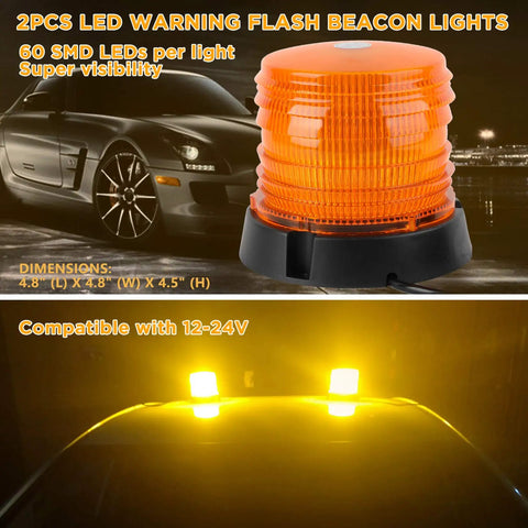 Two Pack 60 LED Amber Warning Beacon Lights With Magnetic Base And 16 Foot Cord High Visibility 12V To 24V Strobe Flash for vehicles