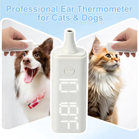 Non Contact Pet Ear Thermometer With Charging Base, Infrared Temperature Readings For Doggos And Cats, Large Bright LED Screen, Fast Accurate Digital Thermometer For Home Vet Checks, white hand-held display