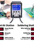 2 In 1 Hot Air Rework And Soldering Iron Station With Large LCD Screen And 3 Memory Presets Sleep Mode shown in use on circuit board