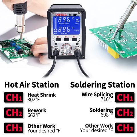 2 In 1 Hot Air Rework And Soldering Iron Station With Large LCD Screen And 3 Memory Presets Sleep Mode shown in use on circuit board