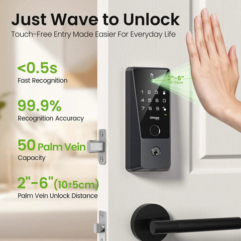 Slick Palm Vein Smart Door Lock With Built In Wifi And Keyless Entry For The Front Door featuring touch-free entry and keypad.