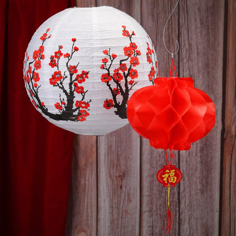 20 Piece Chinese Japanese Paper Lantern Set With 12 Inch Cherry Flower Lanterns And 7.87 Inch Red Lanterns For Hibachi Parties