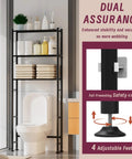 Solid As A Rock Three Tier Over Toilet Storage Cabinet With Removable Paper Holder And Four Grip Hooks Metal Bathroom Organizer Shelf For Laundry Balcony Or Living Room Setup Black with adjustable feet.