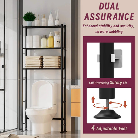 Solid As A Rock Three Tier Over Toilet Storage Cabinet With Removable Paper Holder And Four Grip Hooks Metal Bathroom Organizer Shelf For Laundry Balcony Or Living Room Setup Black with adjustable feet.