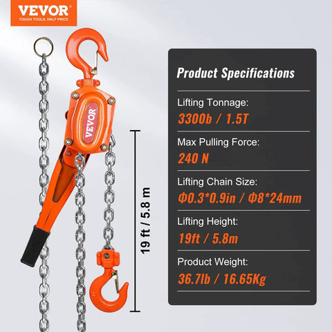 Heavy-Duty 1.5 Ton Lever Chain Hoist With 20 Ft Steel Chain G80 Galvanized, Double-Pawl Brake, Auto Chain Lead, 360 Degree Hook Rotation Ideal For Garage Shop Dock Factory Lifting