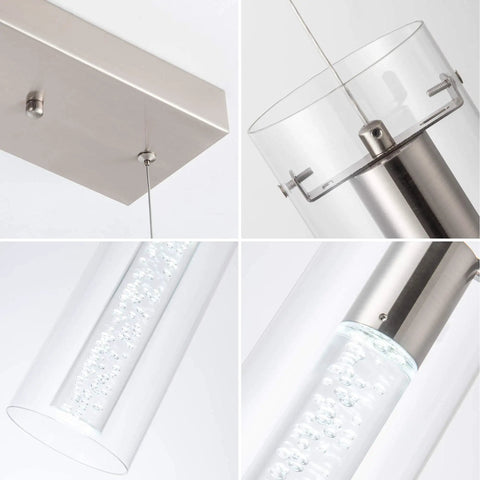 Modern Five Light LED Pendant Ceiling Fixture With Brushed Nickel Bubble Cylinder, close-up details of dimmable and adjustable components