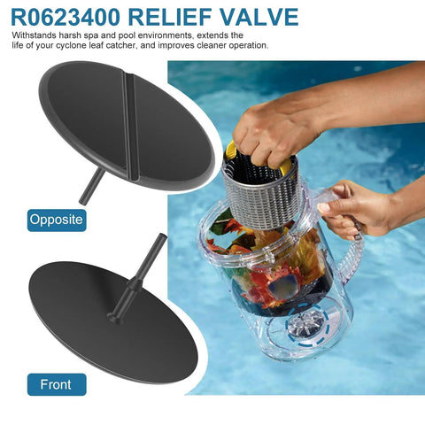 Relief Valve Kit With R0623300 O Ring for Zodiac CLC500 Cyclonic Leaf Catcher Replacement, hand holding debris control valve.