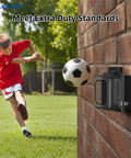 Heavy Duty Outdoor GFCI Outlets 20 Amp With Badass Weatherproof In Use Covers And Self Testing Safety Tech For Patios And Decks, black receptacle near child playing soccer.