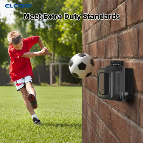 Heavy Duty Outdoor GFCI Outlets 20 Amp With Badass Weatherproof In Use Covers And Self Testing Safety Tech For Patios And Decks, black receptacle near child playing soccer.