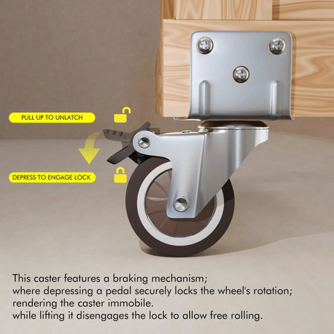 Close-up of 2 Inch Side Mount Caster Set with brake, L shape plate attached to furniture, showing braking mechanism.