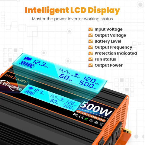 Badass Five Hundred Watt Pure Sine Wave Power Inverter Converts 12V Dc Into 120V Ac For Your Rv Rig Or Off Grid Setup Featuring Type C Port And Bright Lcd Screen Display showing input and output settings.
