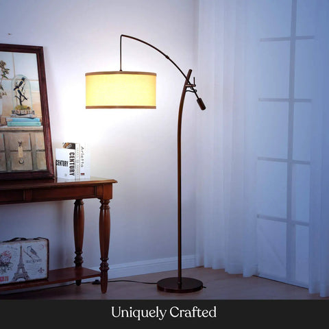 Arc Floor Lamp With Linen Shade Sleek Bronze Finish Adjustable Arm For Living Room Office Reading Over Sofa Industrial Style