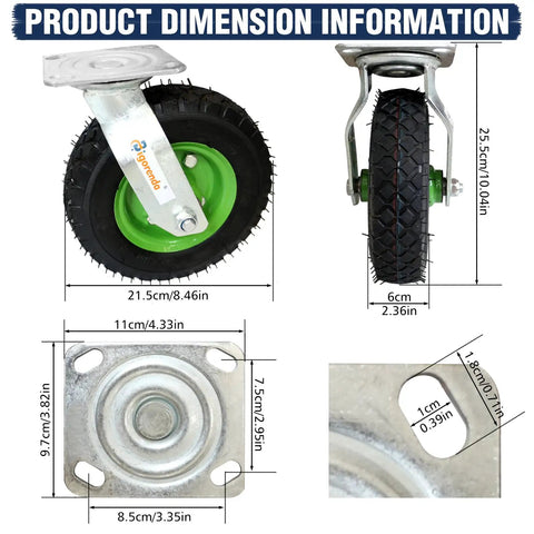 8 Inch Pneumatic Caster Wheels Set Of Four Heavy Duty Air Tire Rubber Casters With Two Fixed And Two Swivel Rollers For Hand Trucks Lawn Wagons dimensions and details.