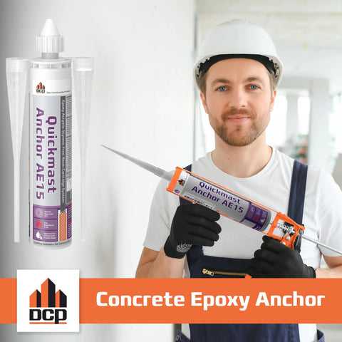 Man holding Concrete Epoxy Anchoring System AE15 For Rebar And Rods Two Part Acrylate Epoxy With Cartridge And Nozzles in concrete setting