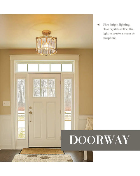 Crystal Semi Flush Mount Chandelier With Gold Finish Open Cylinder Frame Enclosing Clear Crystals Modern Ceiling Light Fixture for entryway