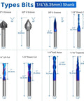 Eight Piece CNC Router Bit Set With One Quarter Inch Shank Carbide End Mills For Woodworking And Engraving V Groove Trimming