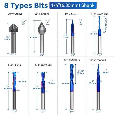 Eight Piece CNC Router Bit Set With One Quarter Inch Shank Carbide End Mills For Woodworking And Engraving V Groove Trimming