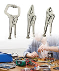 Pack of 3 heavy duty locking clamps pliers for a rock solid grip in woodworking, metal fabrication and repairs, displayed above workbench.
