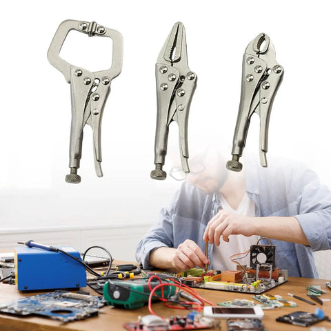 Pack of 3 heavy duty locking clamps pliers for a rock solid grip in woodworking, metal fabrication and repairs, displayed above workbench.