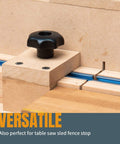 Seven Star Pro Grade T Track Knob Kit With 5/16-18 Bolts And Washers installed on table saw sled for versatile use in woodworking