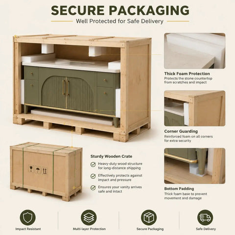 Slick Modern Freestanding Bathroom Vanity In Muted Sage With Frosted Led Mirror Cabinet And Warm Gold Trim in secure packaging for safe delivery.