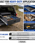 Locking Drawer Slides 3 Inch Wide Full Extension 1 Pair Beefy Steel Drawer Guides for Kitchen Cabinets, Tool Chests, and Garage Drawers with Smooth Quiet Operation and Secure Lock Mechanism, installed in truck bed drawer