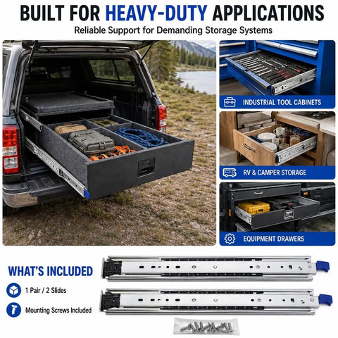 Locking Drawer Slides 3 Inch Wide Full Extension 1 Pair Beefy Steel Drawer Guides for Kitchen Cabinets, Tool Chests, and Garage Drawers with Smooth Quiet Operation and Secure Lock Mechanism, installed in truck bed drawer