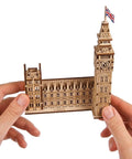 Big Ben 3D Puzzle Kit With 63 Pieces 7.12 Inch Brown Wooden Model Of Parliament Clock Tower DIY Wood Craft, front view