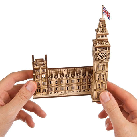 Big Ben 3D Puzzle Kit With 63 Pieces 7.12 Inch Brown Wooden Model Of Parliament Clock Tower DIY Wood Craft, front view